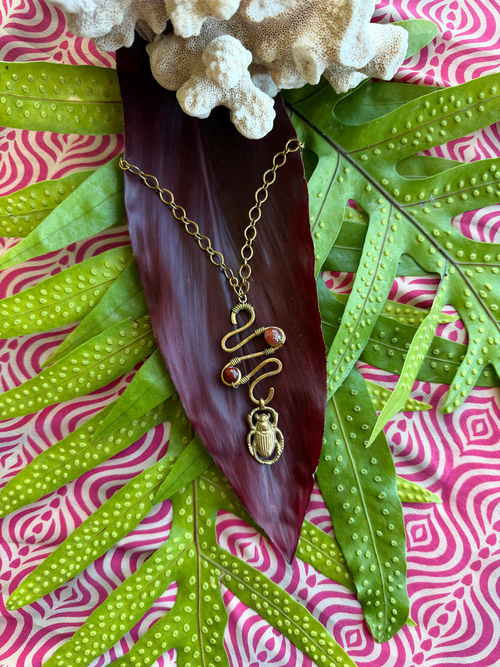 Serpenta Necklace - Fire Agate, Beetle Pendant - Hammered Brass Gemstone Necklace, Boho Statement Jewelry