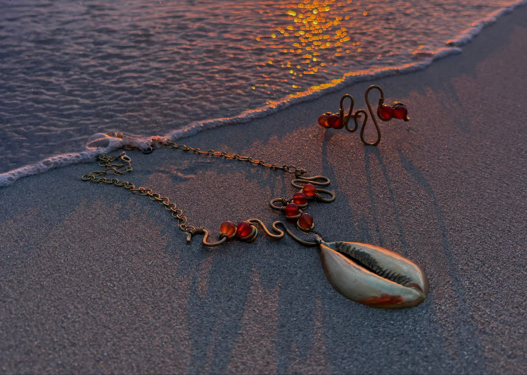 Malleata Collection- Green Aventureine & Fire Agate Cowrie