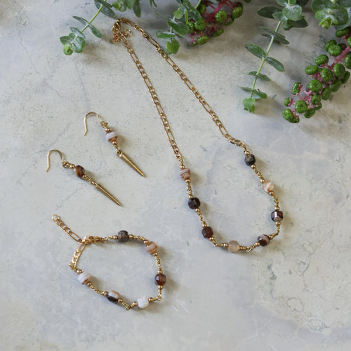 Brass Spike Earrings- Brown Banded Agate