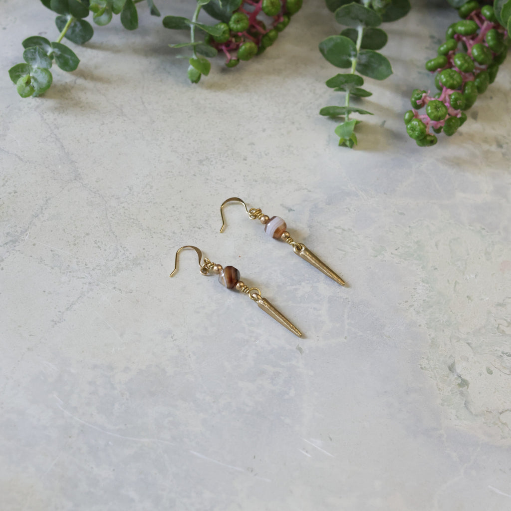 Brass Spike Earrings- Brown Banded Agate
