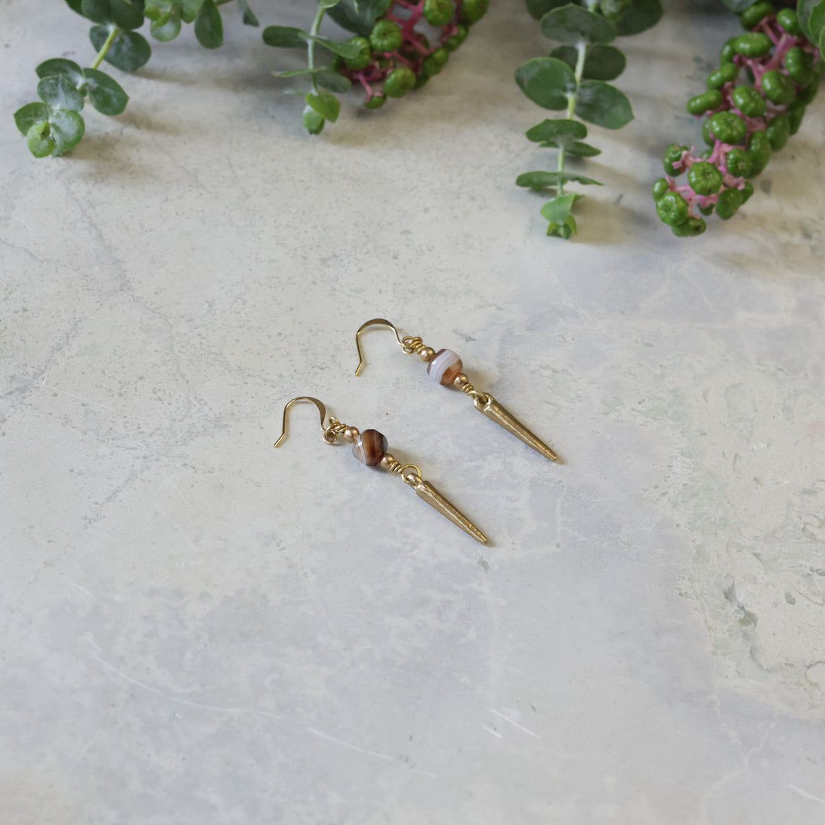 Brass Spike Earrings- Brown Banded Agate