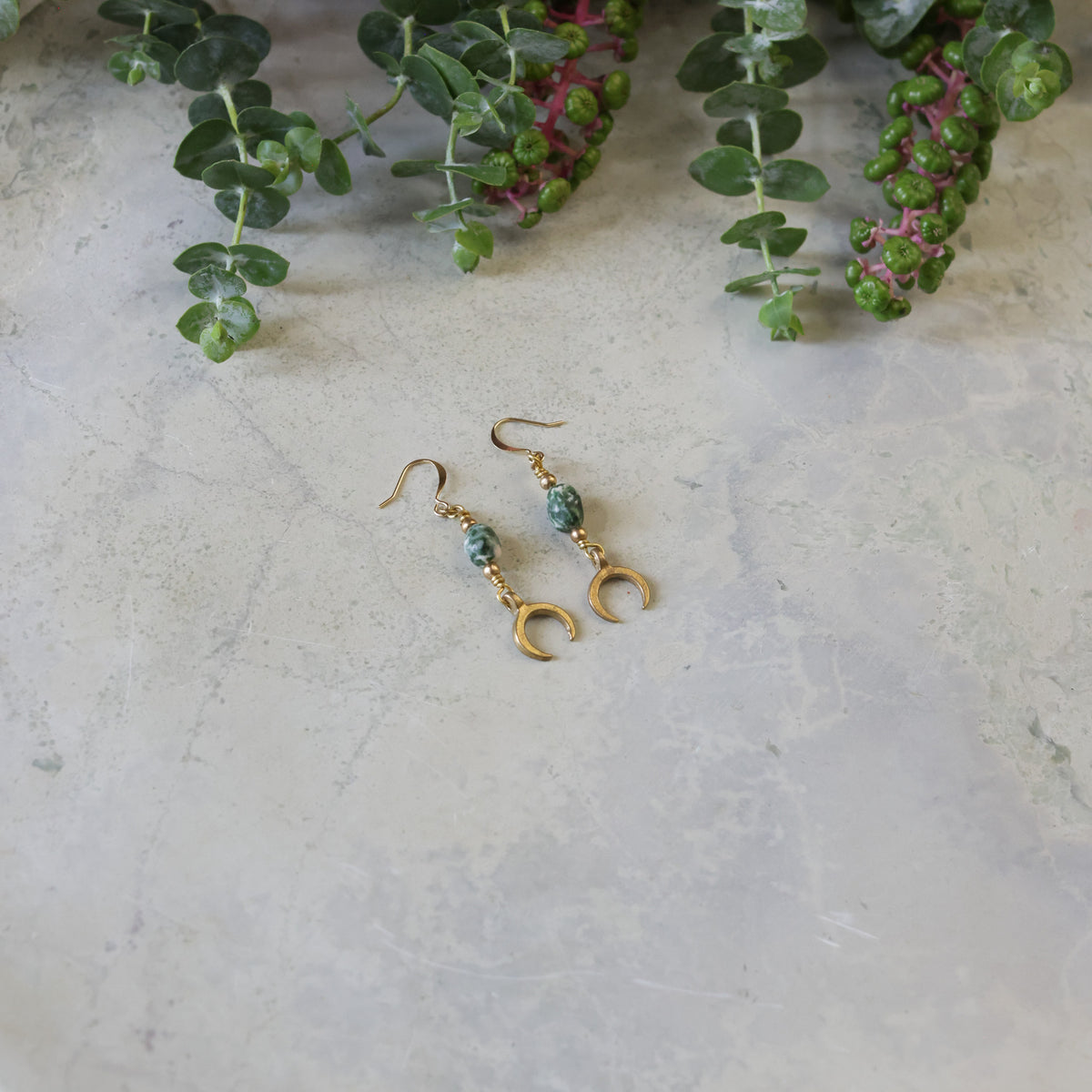 Earrings- Green Spot Jasper Crescent