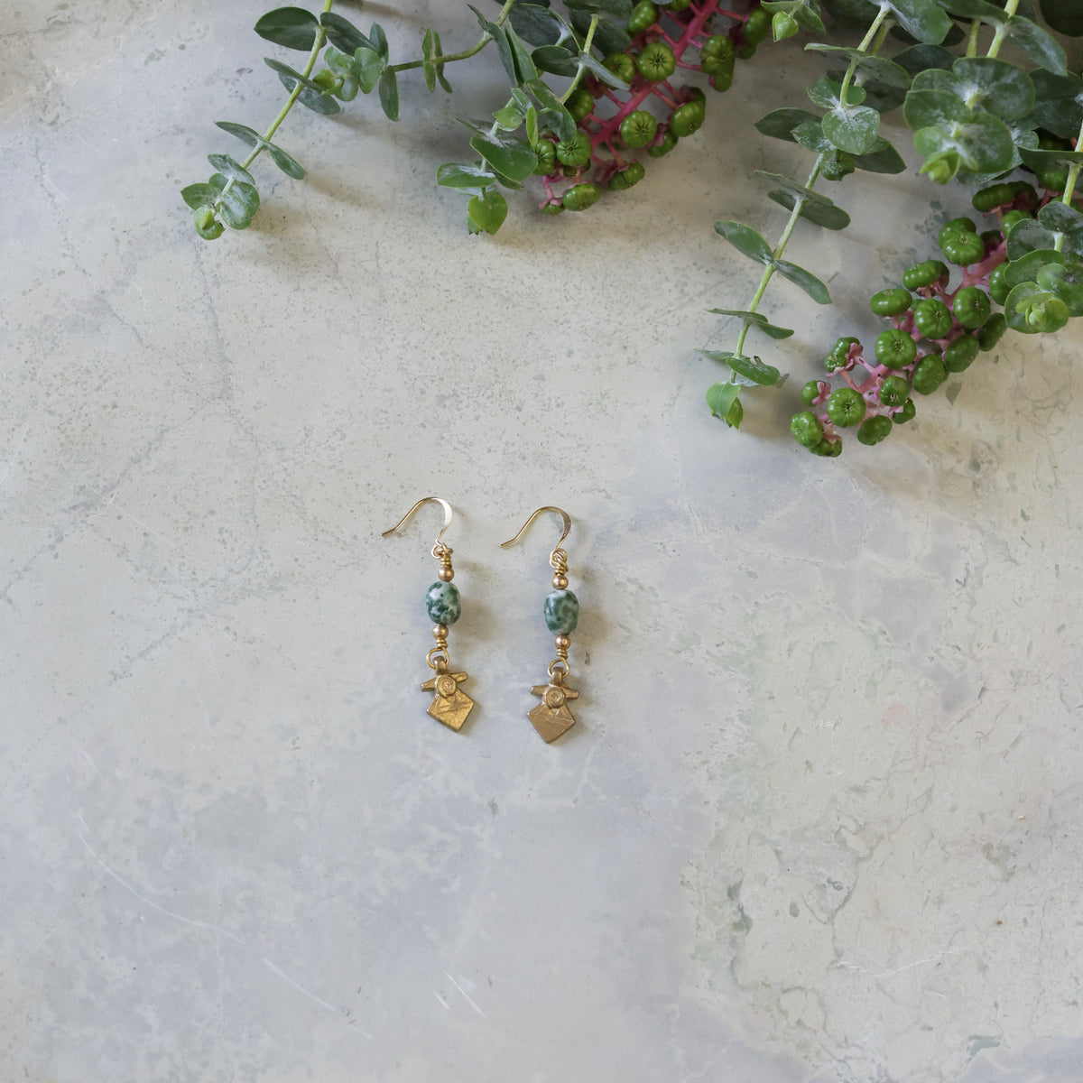 Earrings- Green Spot Jasper Brass Anvil