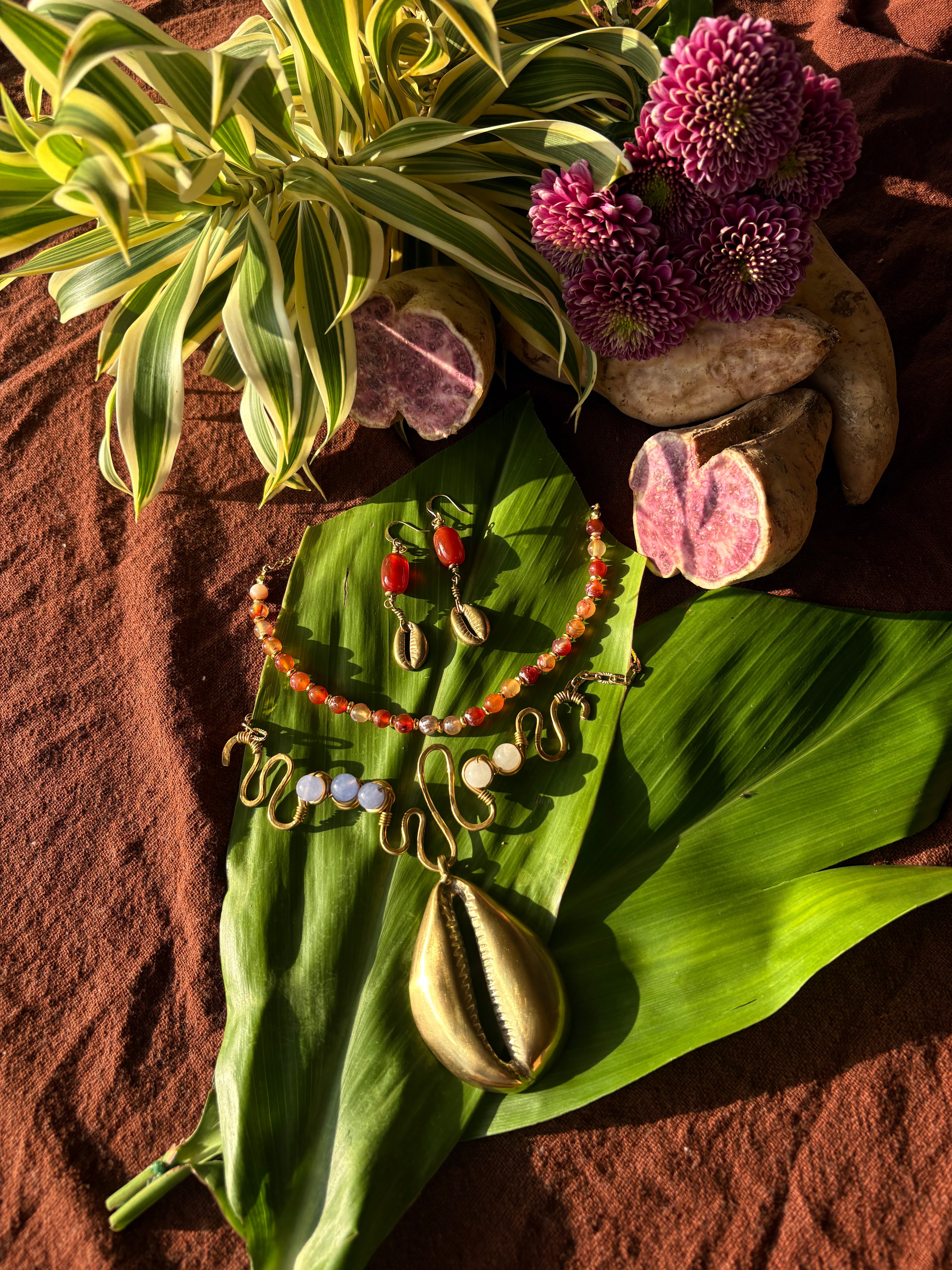 Malleata Collection- Green Aventureine & Fire Agate Cowrie