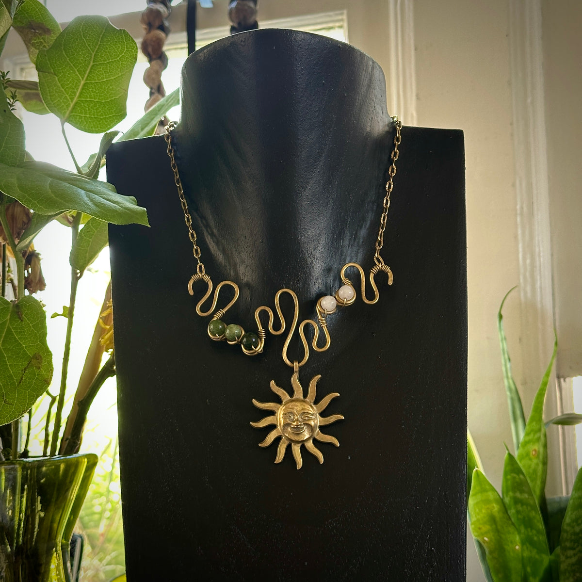 Liana Necklace - Green & White Quartzite, Traditional Sun pendant - Hammered Brass Gemstone Necklace, Boho Statement Jewelry
